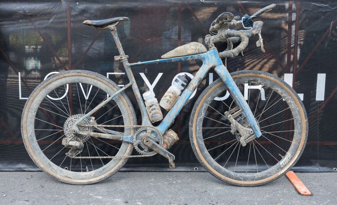 A dirty blue Lauf gravel bike