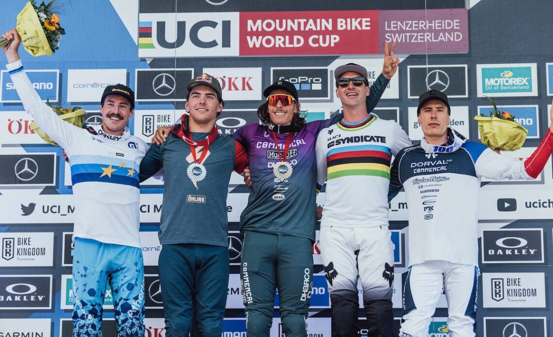 World Cup downhill men's elite podium Lenzerheide