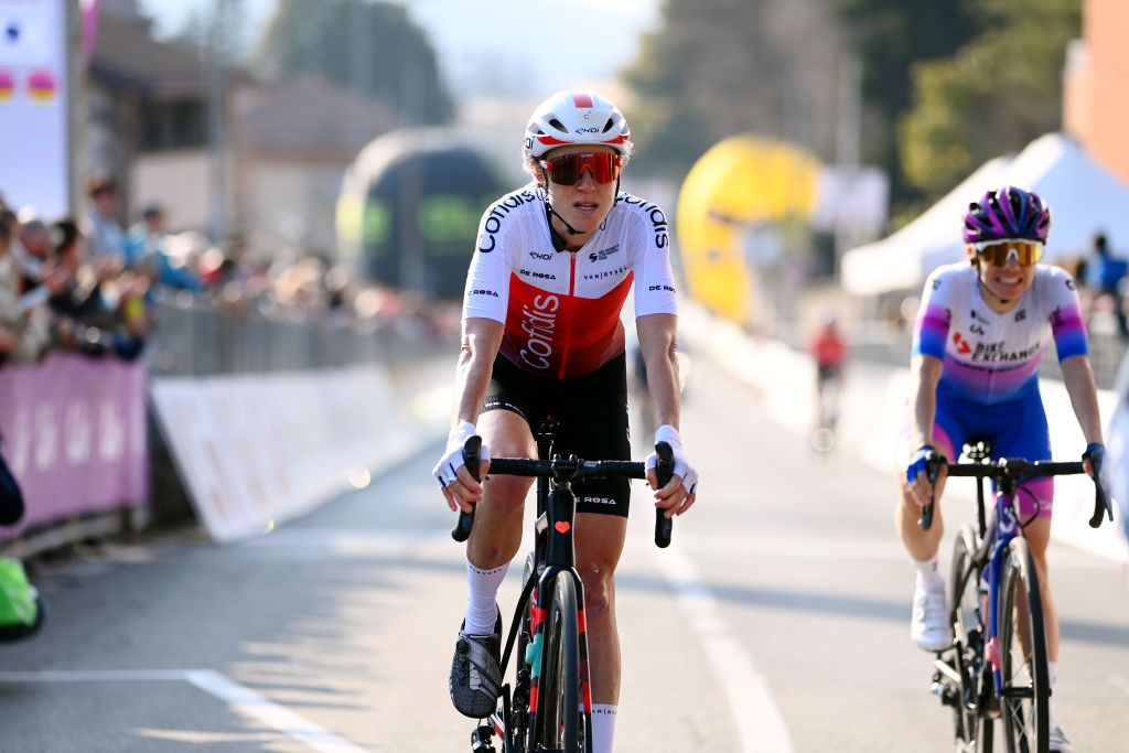 CITTIGLIO ITALY MARCH 20 Rachel Neylan of Australia and Team Cofidis Fminin reacts after cross the finishing line during the 46th Trofeo Alfredo BindaComune di Cittiglio 2022 Womens Elite a 1418km one day race from Cocquio Trevisago to Cittiglio TrBinda UCIWWT on March 20 2022 in Cittiglio Italy Photo by Tim de WaeleGetty Images