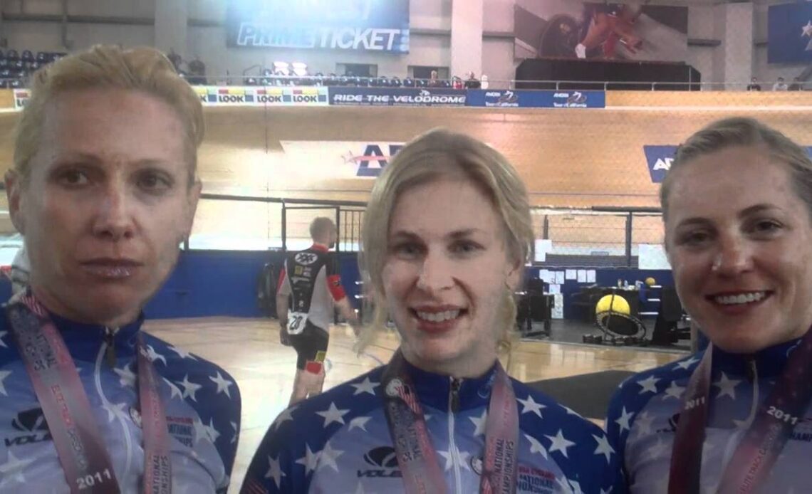 Sarah Hammer Dotsie Bausch and Jennie Reed talk about winning the womens team pursuit and setting the Home Depot Center track record
