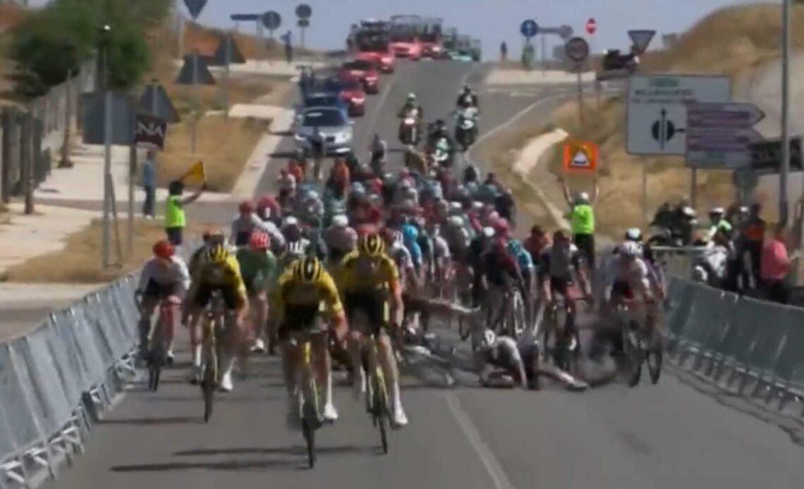 A speed bump took down half the peloton in a horrific crash at the Vuelta a Burgos