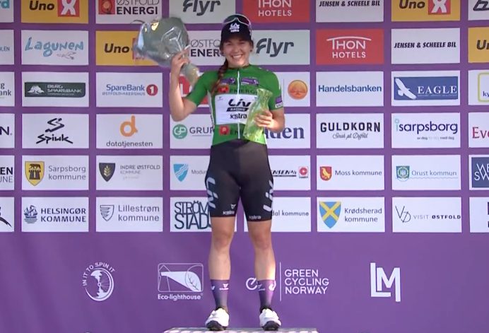 Alison Jackson in Tour of Scandinavia green jersey after Stage 1