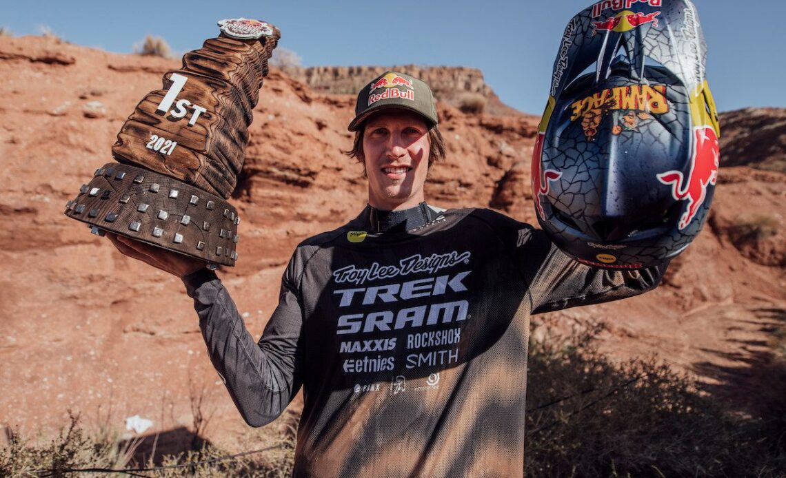 Brandon Semenuk with his Red Bull Rampage winner's trophy