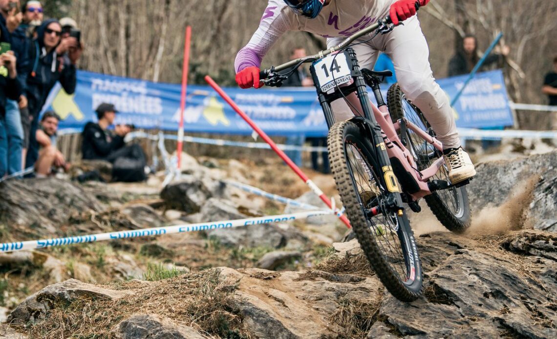 Finn Iles races over sharp rocks in Lourdes, France