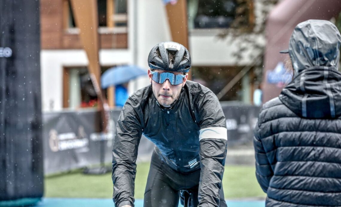 Josh Croxton crosses the finish line of Chasing Cancellara Zurich Zermatt