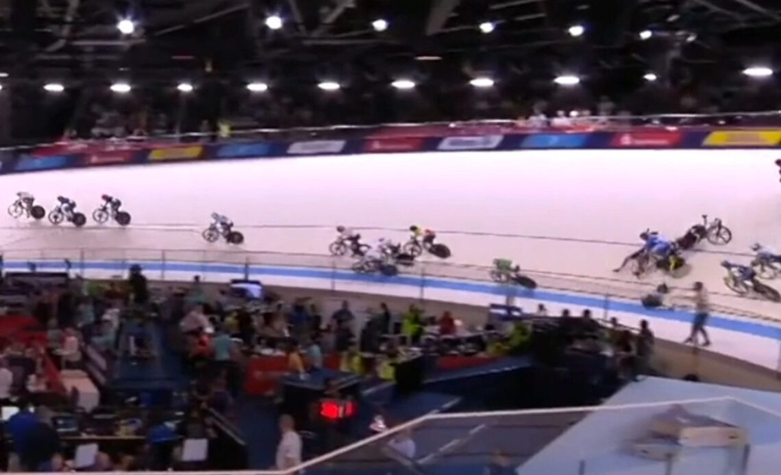 This crash at the Euro track champs was so bad it broke the floor and needed duct tape