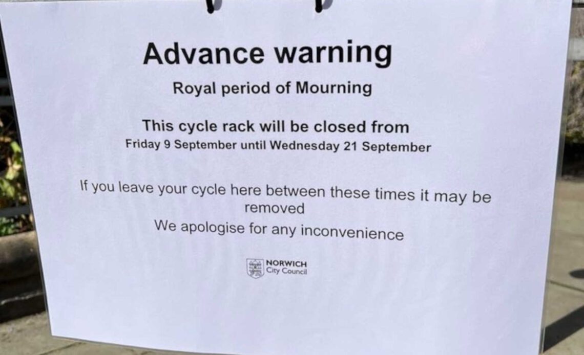 Bike rack closure for of royal period of mourning has many scratching their heads