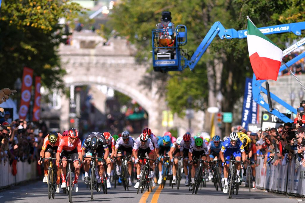 QUEBEC CITY QUEBEC SEPTEMBER 13 Arrival Sprint Greg Van Avermaet of Belgium and CCC Team Michael Matthews of Australia and Team Sunweb Peter Sagan of Slovakia and Team Bora Hansgrohe Julian Alaphilippe of France and Team Deceuninck QuickStep Jasper Stuyven of Belgium and Team TrekSegafredo Diego Ulissi of Italy and UAE Team Emirates during the 10th Grand Prix Cycliste de Quebec 2019 a 2016km stage from Qubec to Qubec GPCQM 10YearsOfGPCQM on September 13 2019 in Quebec City Canada Photo by Luc ClaessenGetty Images