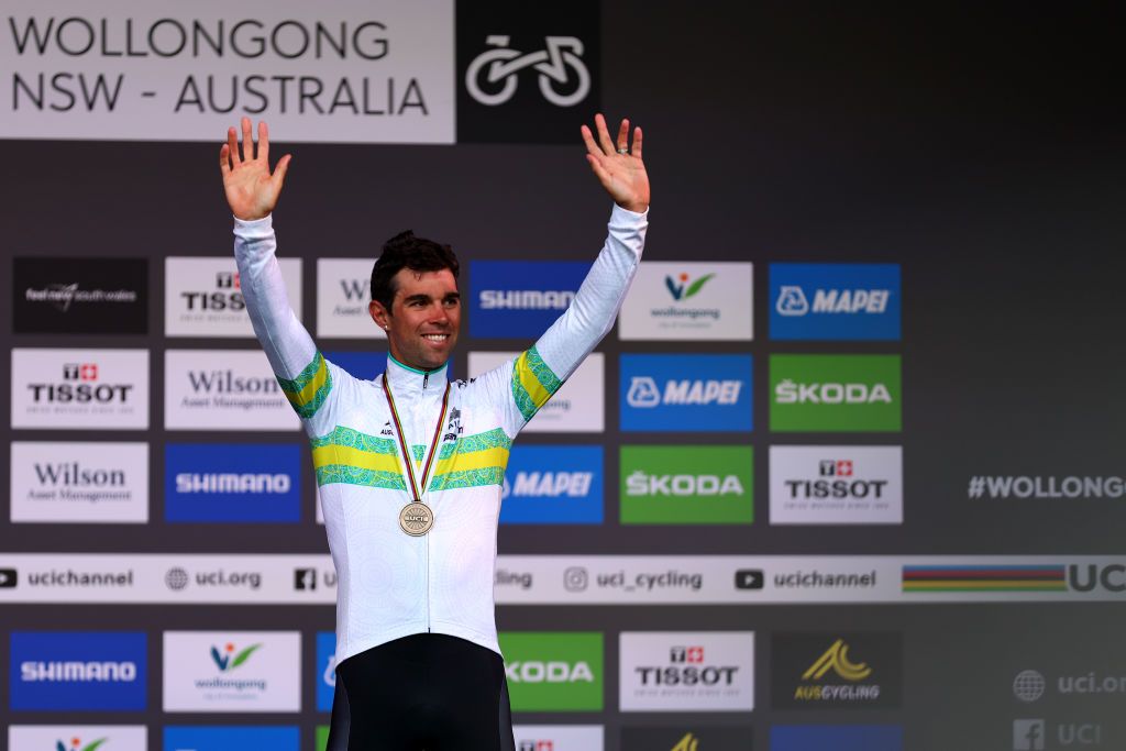 WOLLONGONG AUSTRALIA SEPTEMBER 25 Bronze medalist Michael Matthews of Australia poses on the podium during the medal ceremony after the 95th UCI Road World Championships 2022 Men Elite Road Race