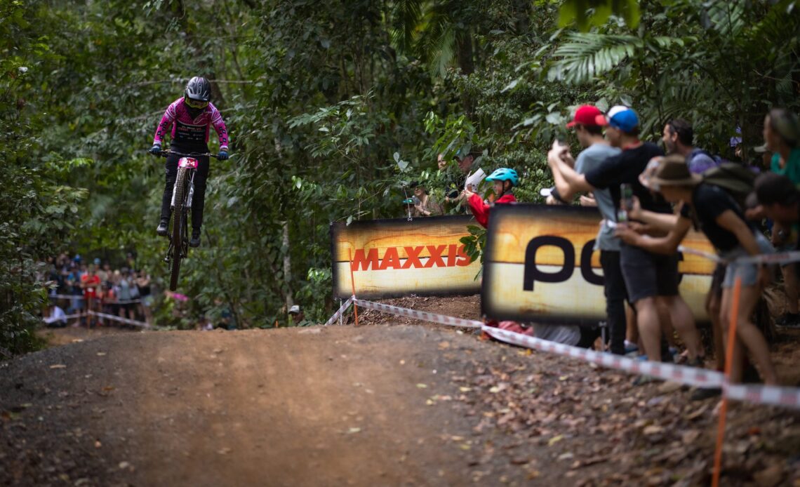 Tracey Hannah jumps during Cairns DH