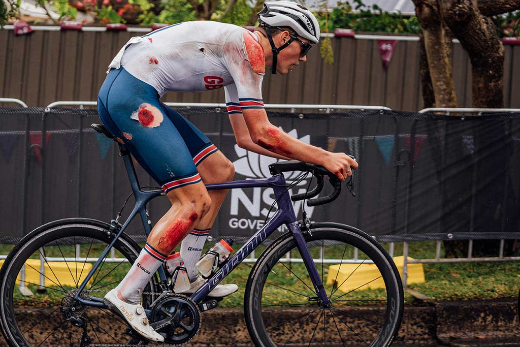 Josh Tarling after crashing in the 2022 World Championship Junior Men's Road Race (Image: Zac Williams/SWpix)