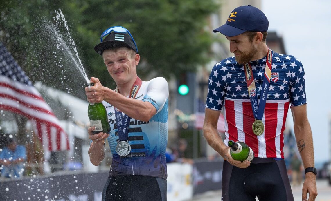 Tyler Stites celebrates second place finish in road race at 2022 USA Cycling Pro Road Nationals
