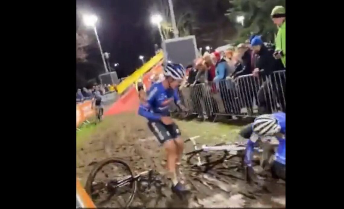Watch absolute chaos following a crash at the bottom of a descent at Superprestige Diegem