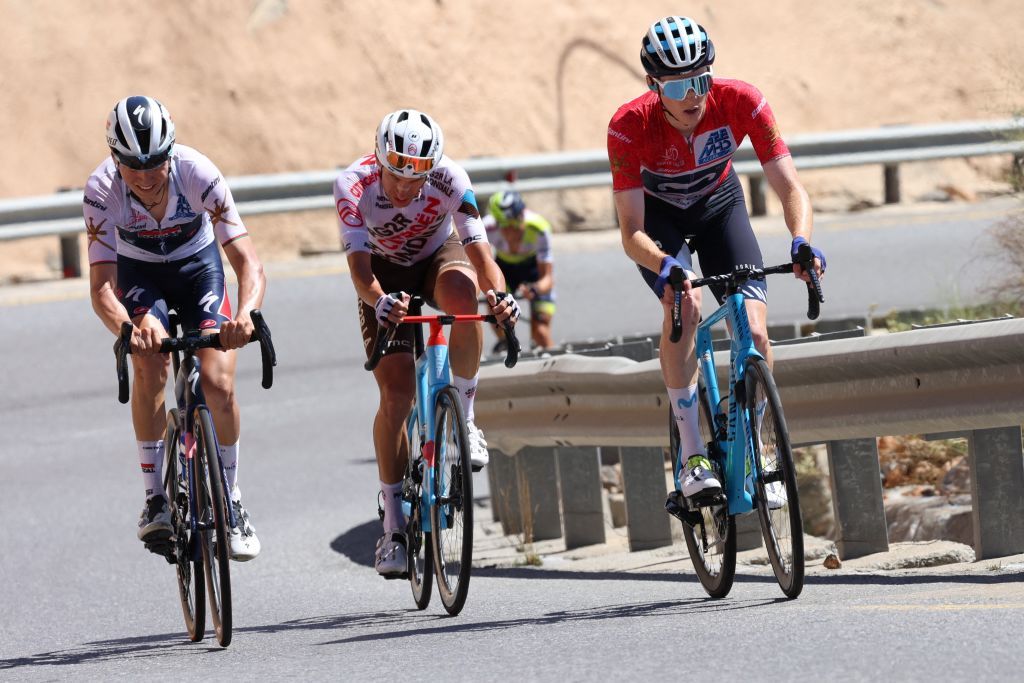 Belgian Mauri Vansevenant L of SoudalQuick Step French Geoffrey Bouchard of Ag2R Citroen Team C and US Matteo Jorgenson of Movistar Team R compete in the last climb to Green Mountain during the fifth stage of the 2023 Tour of Oman from Samail Al Fayhaa Resthouse to Jabal Al Akhdhar Green Mountain on February 15 2023 Photo by Thomas SAMSON AFP Photo by THOMAS SAMSONAFP via Getty Images