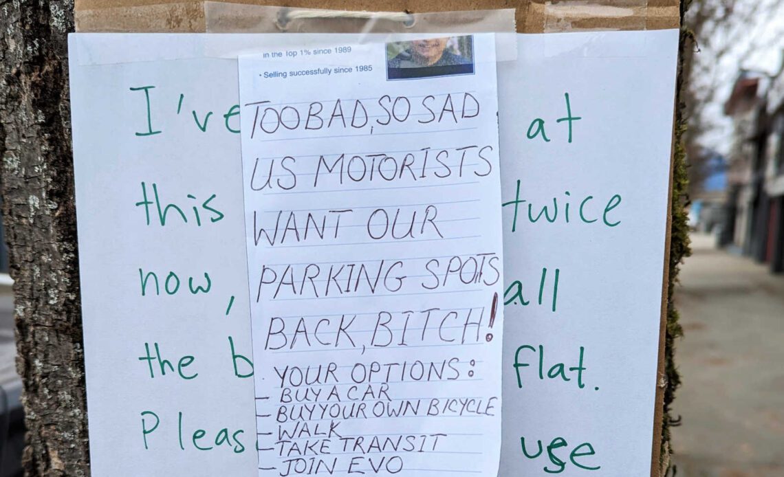 Someone is deflating tires of Vancouver Bike Shares and leaving super nasty notes