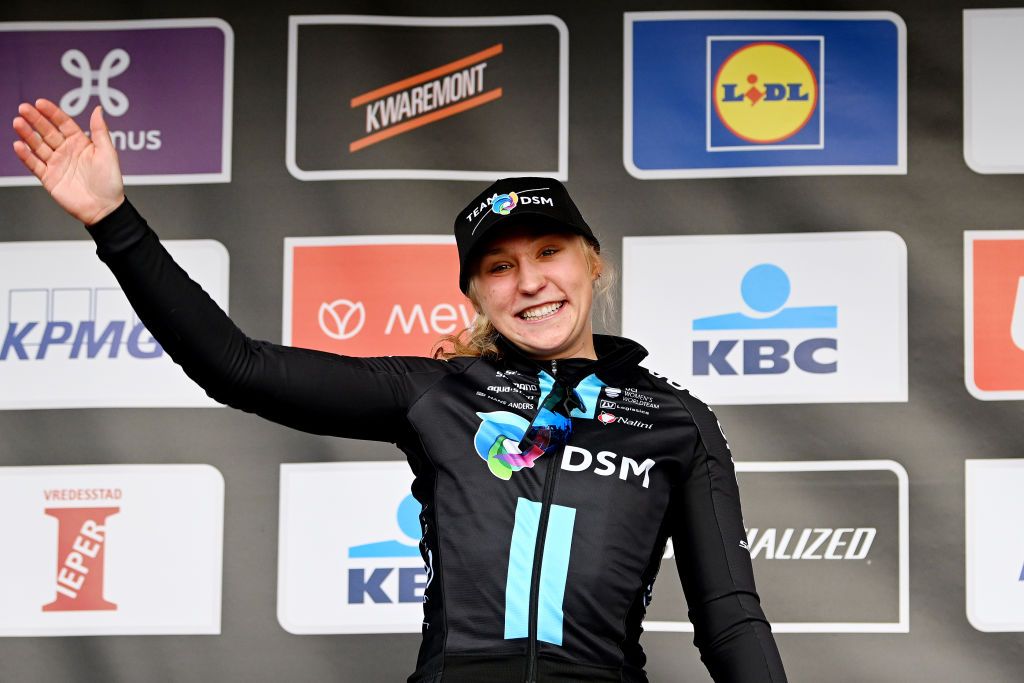 Megan Jastrab (Team DSM) celebrates her third spot on the podium at Gent-Wevelgem 2023