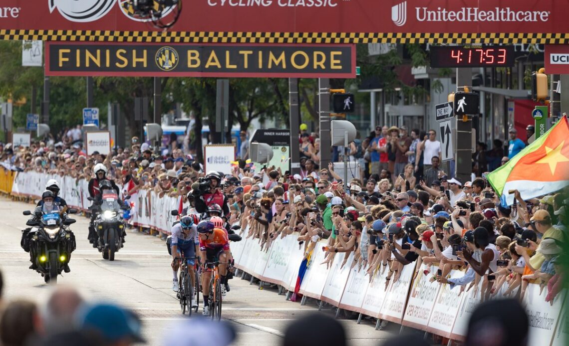 Thousands of fans lined the streets of downtown Baltimore to watch the the lead group of four riders: Nickolas Zukowsky (Human Powered Health), Neilson Powless (EF Education-EasyPost), Sep Vanmarcke (Israel Premier Tech), and Toms Skujins (Trek-Segafredo) head out for their final lap.