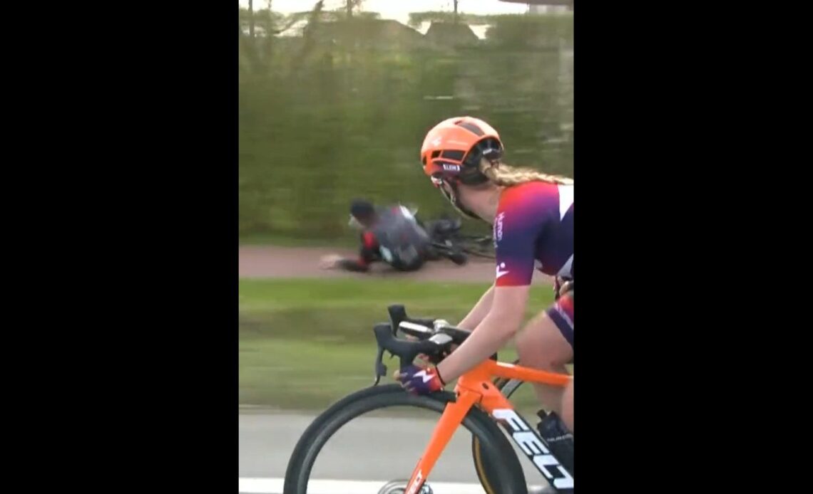 A spectator falls beside a bike race