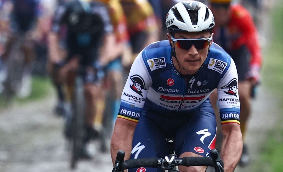 Soudal-QuickStep co-leader Yves Lampaert battles through the Arenberg during Paris-Roubaix