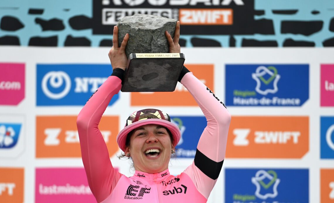 Jackson celebrates her Paris-Roubaix win: 'I won a rock'