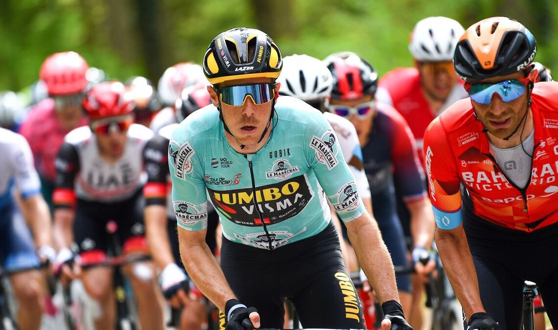 VALBROYE, SWITZERLAND - APRIL 29: (L-R) Rohan Dennis of Australia and Team Jumbo - Visma Turquoise Leader Jersey and Damiano Caruso of Italy and Team Bahrain Victorious compete during the 75th Tour De Romandie 2022 - Stage 3 a 165,1km stage from Valbroye to Valbroye / #TDR2022 /on April 29, 2022 in Valbroyeon, Switzerland. (Photo by Dario Belingheri/Getty Images)