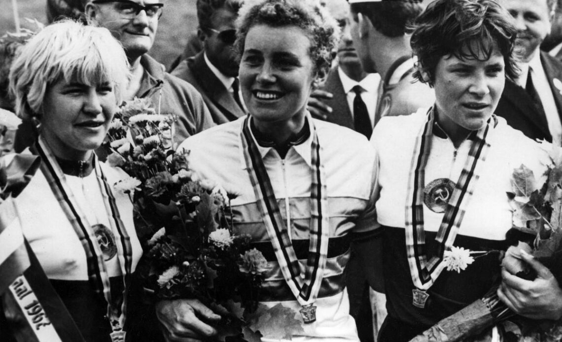 Heerlen, September 1967: Burton (centre) in her seventh rainbow jersey, with silver and bronze medallists Lyubov Zadorozhnaya (left) and Anna Konkina (right)