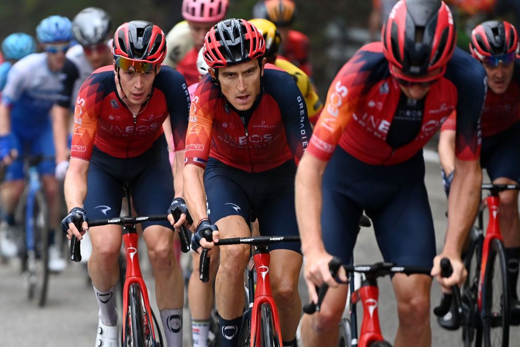 LAGO LACENOBAGNOLI IRPINO ITALY MAY 09 LR Thymen Arensman of The Netherlands and Geraint Thomas of The United Kingdom and Team INEOS Grenadiers during the 106th Giro dItalia 2023 Stage 4 a 175km stage from Venosa to Lago Laceno 1059m Bagnoli Irpino UCIWT on May 09 2023 in Bagnoli Irpino Italy Photo by Tim de WaeleGetty Images
