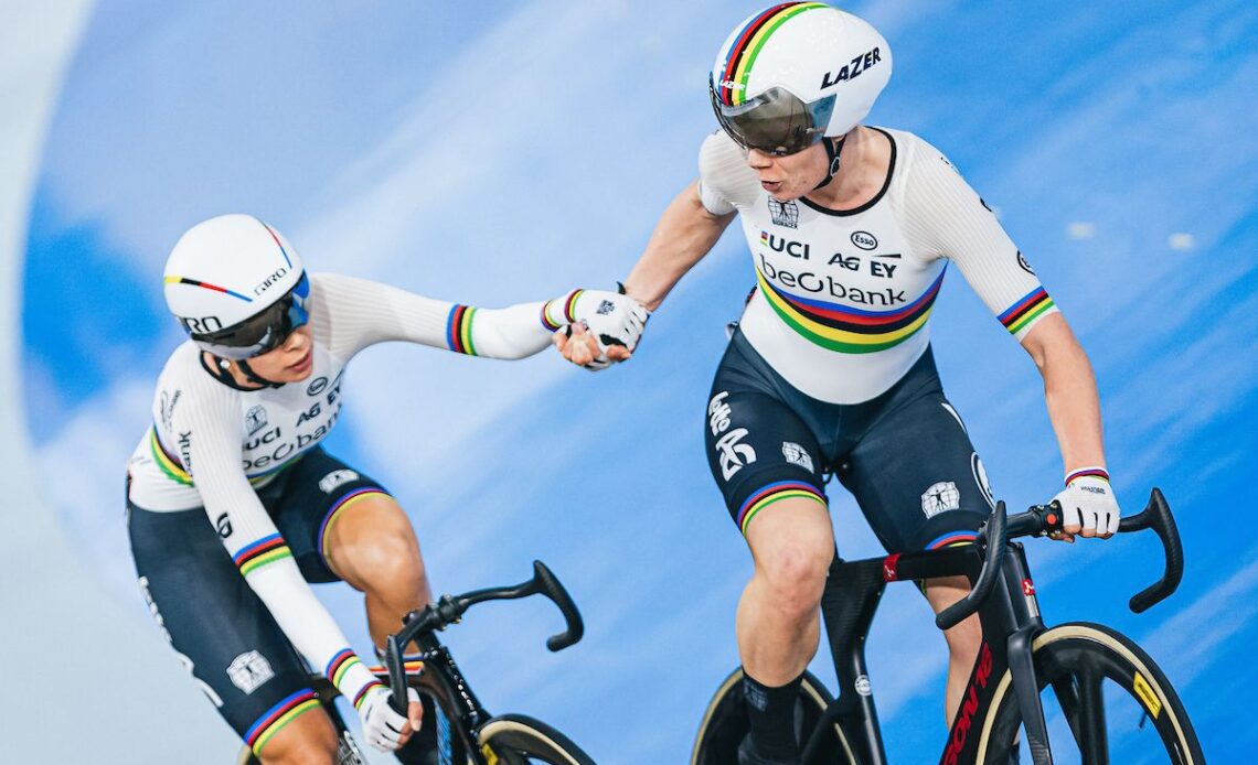 Lotte Kopecky catapulting Belgian teammate Shari Bossuyt into a relay swap at the Track Nations Cup round 3 in Canada