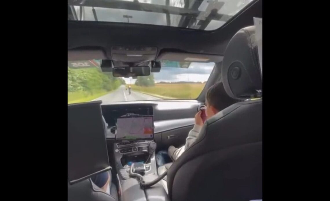 Luke Rowe's son ollie in the team car at the Tour of Wallonie