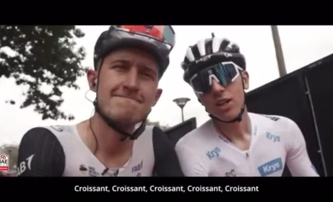 Tadej Pogacar and Mikkel Berg saying croissant