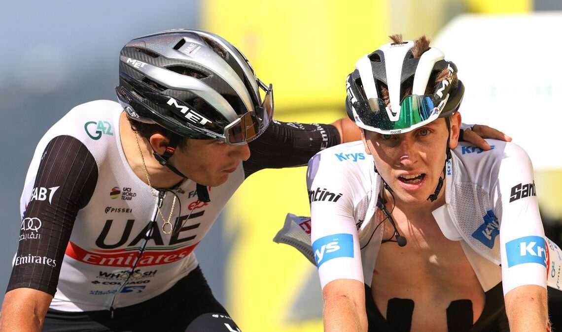 COURCHEVEL, FRANCE - JULY 19: (L-R) Marc Soler of Spain and Tadej Pogacar of Slovenia and UAE Team Emirates - White Best Young Rider Jersey cross the finish line during the stage seventeen of the 110th Tour de France 2023 a 165.7km at stage from Saint-Gervais Mont-Blanc to Courchevel / #UCIWT / on July 19, 2023 in Courchevel, France. (Photo by Michael Steele/Getty Images)