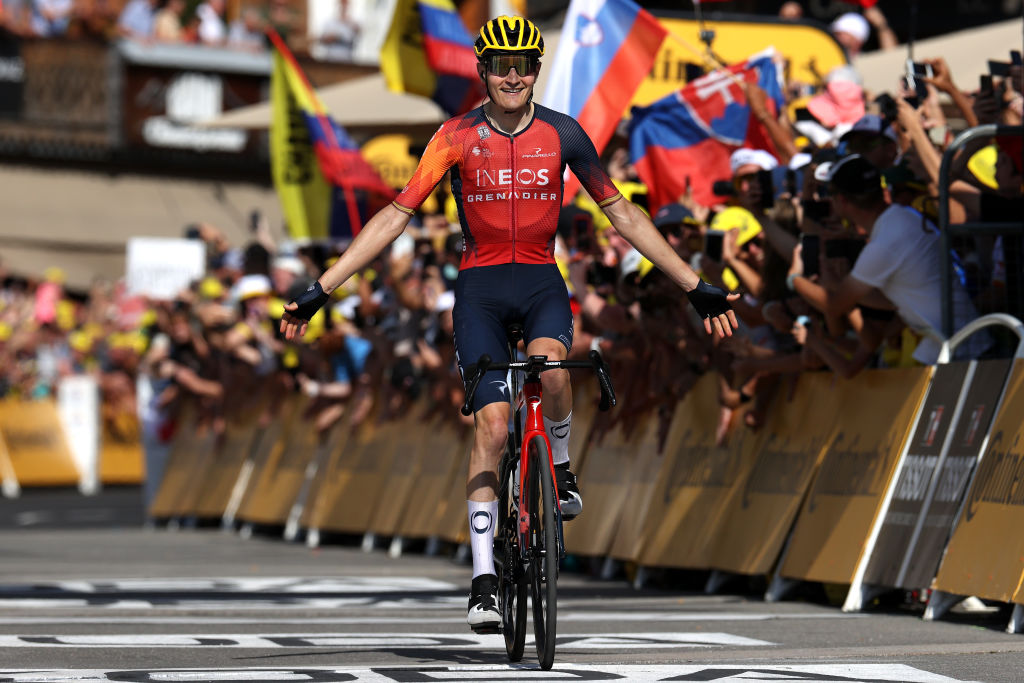 MORZINE LES PORTES DU SOLEIL FRANCE JULY 15 Carlos Rodriguez Cano of Spain and Team INEOS Grenadiers celebrates at finish line as stage winner during the stage fourteen of the 110th Tour de France 2023 a 1518km stage from Annemasse to Morzine les Portes du Soleil UCIWT on July 15 2023 in Morzine les Portes du Soleil France Photo by Michael SteeleGetty Images