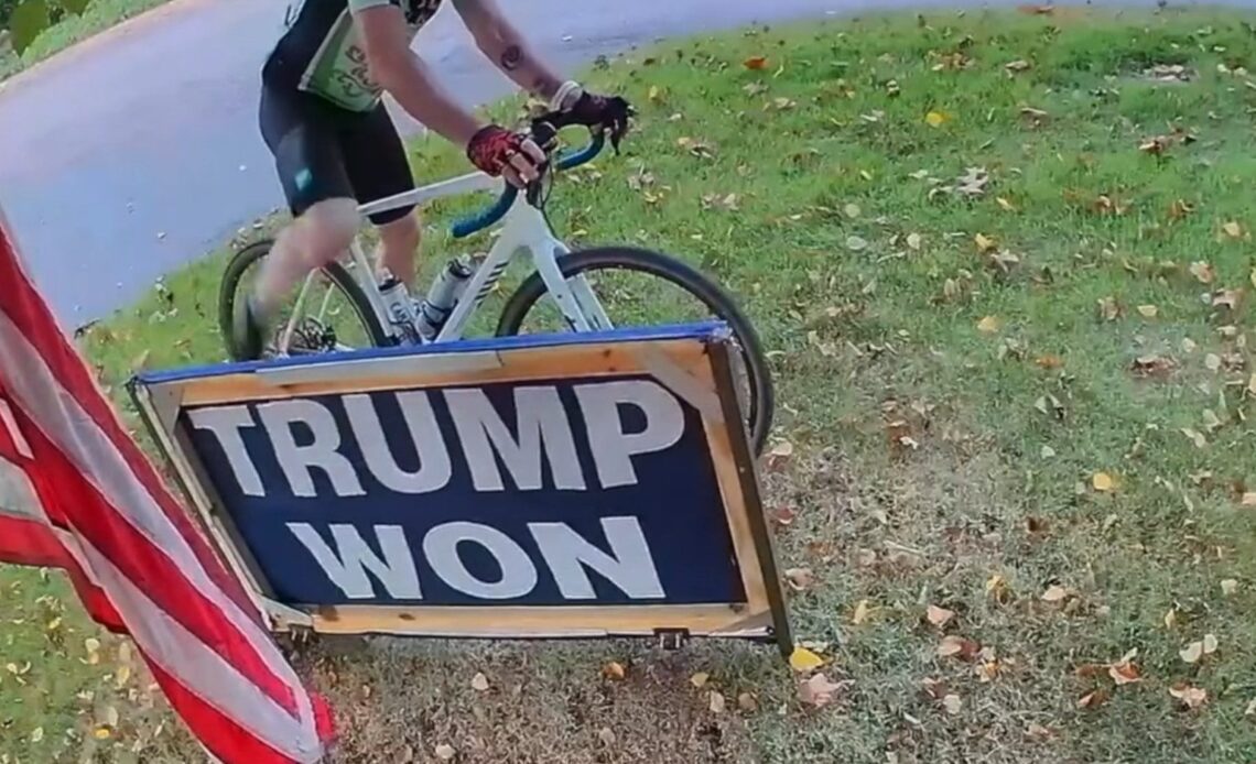 Cyclist identified using Strava in burning of ‘Trump won’ sign