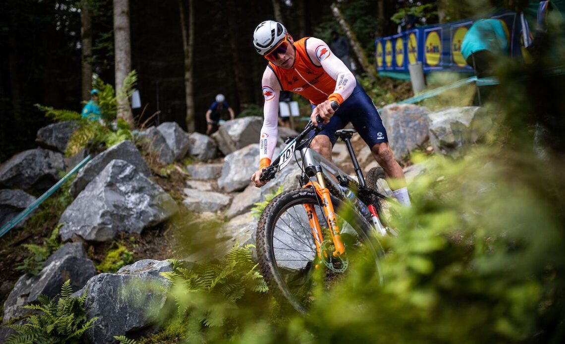 Mathieu van der Poel recons the mountain bike course at the UCI World Championships in Peebles