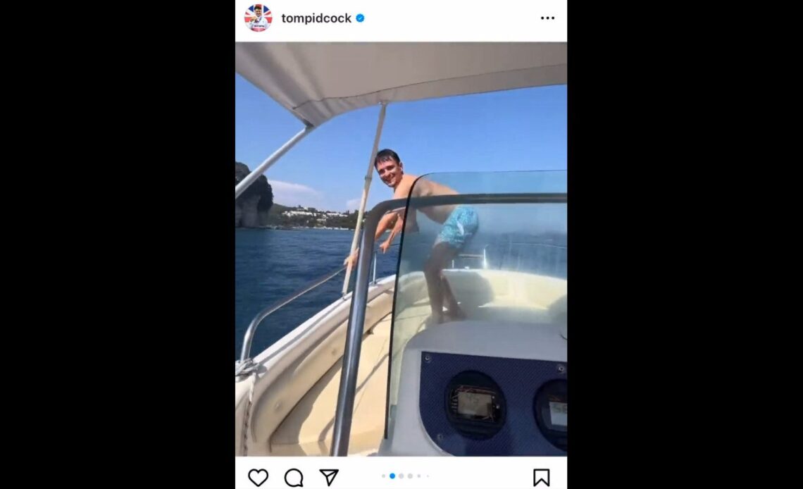 Tom Pidcock jumping off a boat like an absolute lunatic