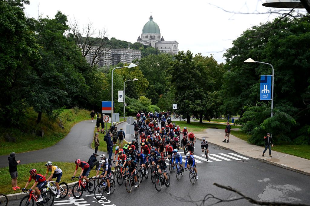 The WorldTour peloton tackle the challenging hilly course of the 2023 Grand Prix Cycliste de Montréal