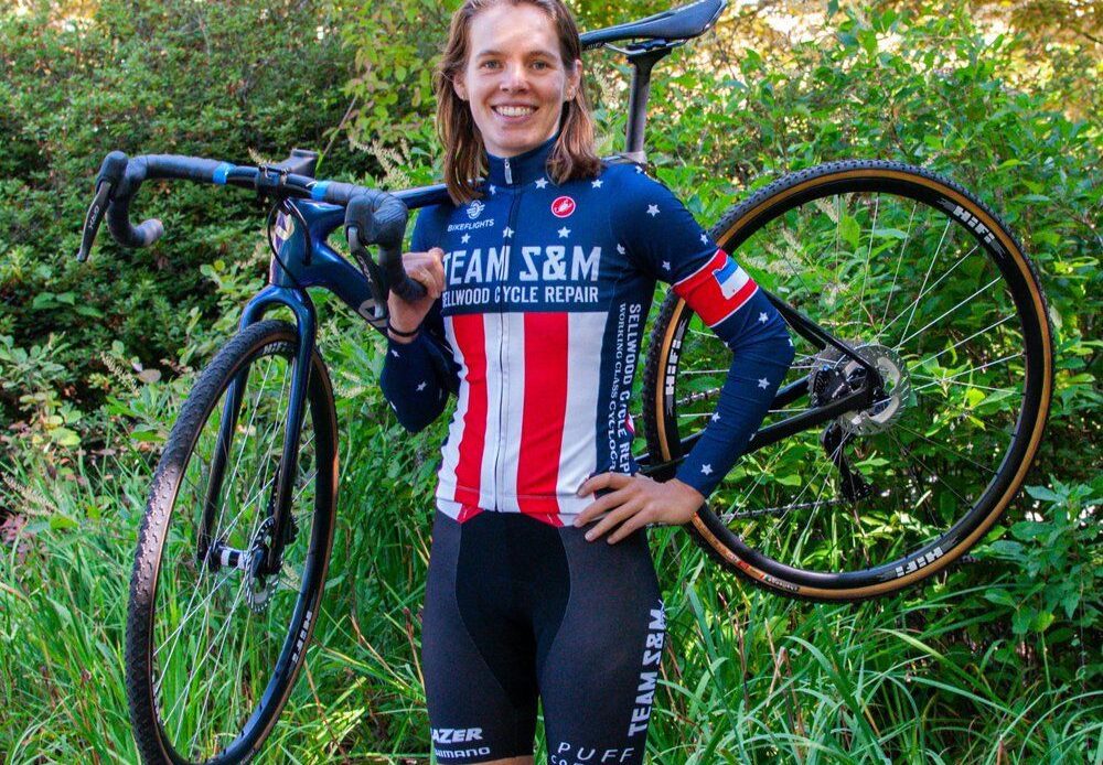 Three-time US cyclocross national champion Clara Honsinger show off her new Team S&M CX kit for 2023-24 season