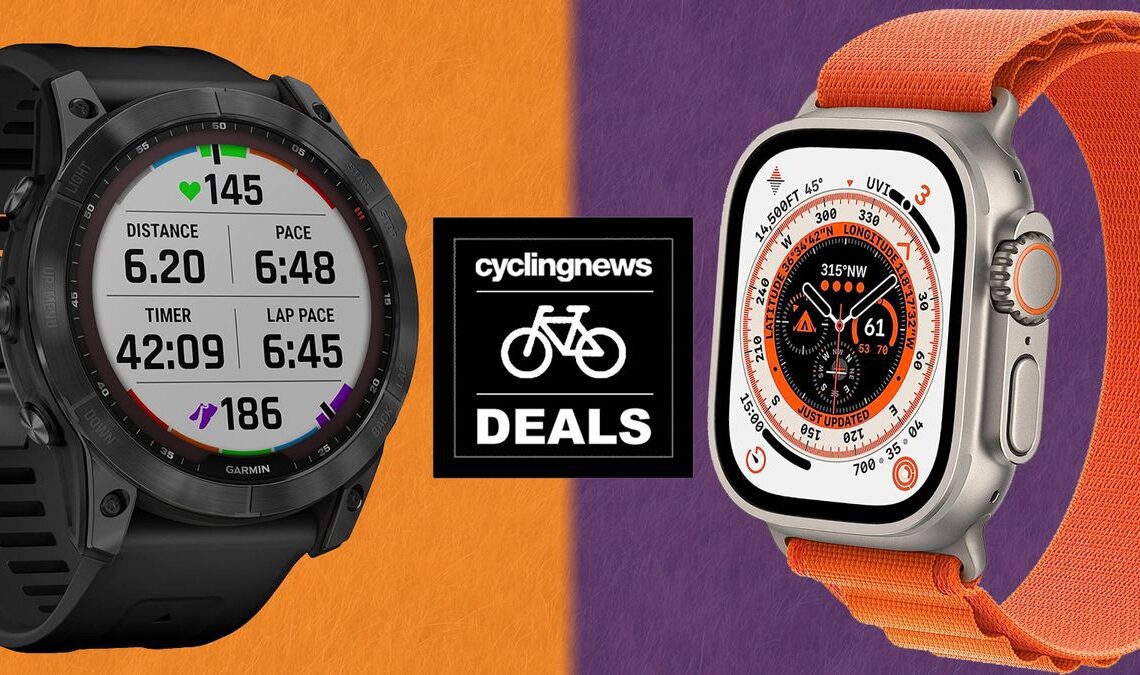 A Garmin Fenix watch and an Apple Watch Ultra stand either side of a deals badge