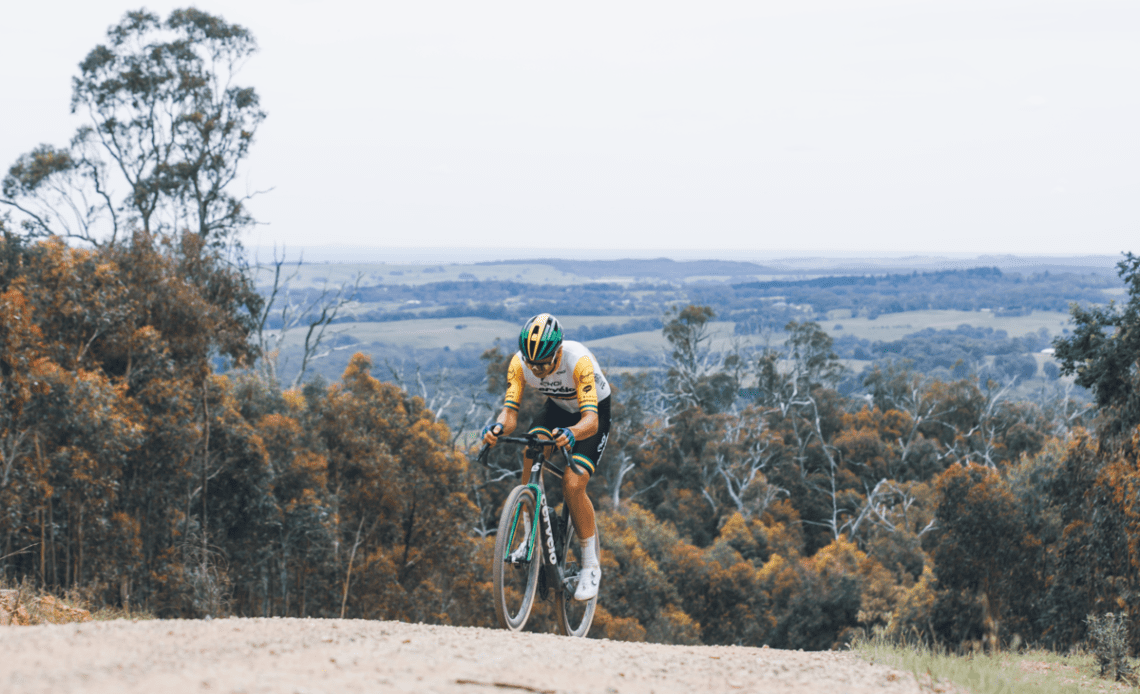 Australian champion Connor Sens crests one of the final climbs of the Gravelista Beechworth Trek Gravel World Series round on Saturday October 29, 2023