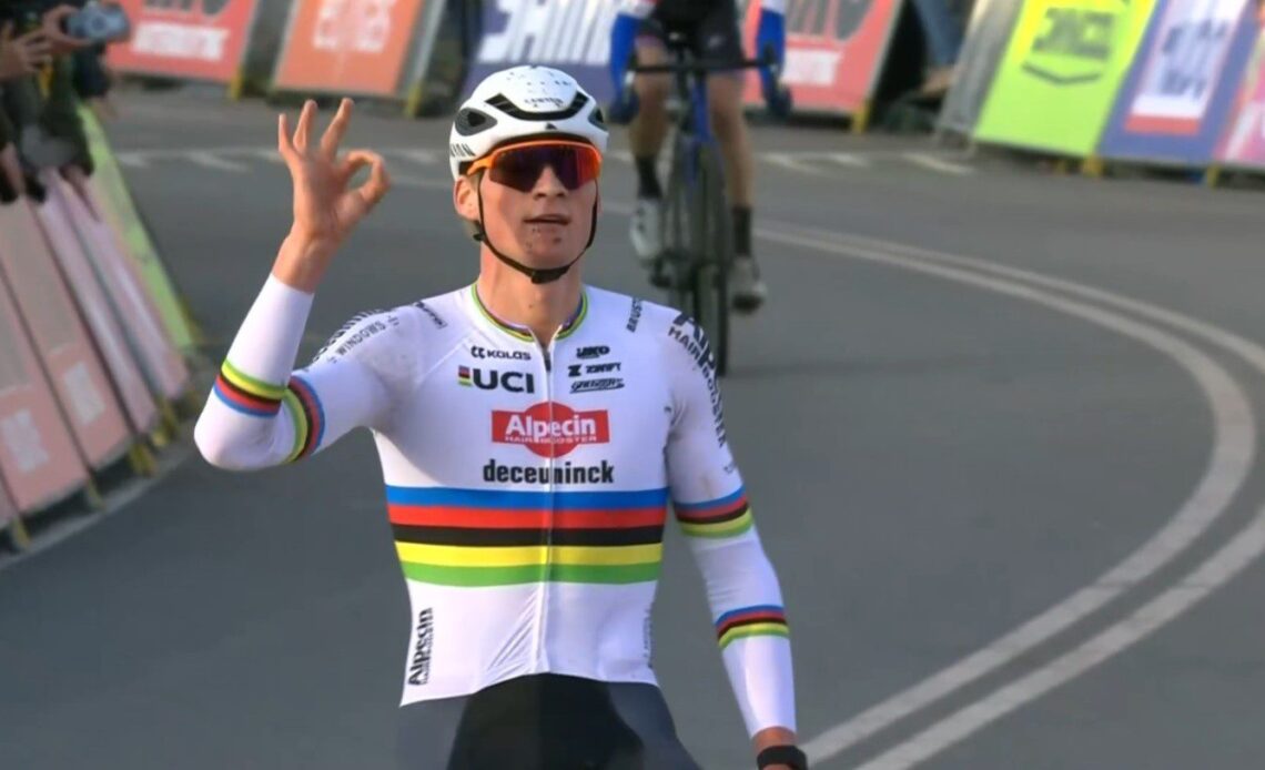 Mathieu van der Poel’s victory salute was different on Sunday for a very special reason