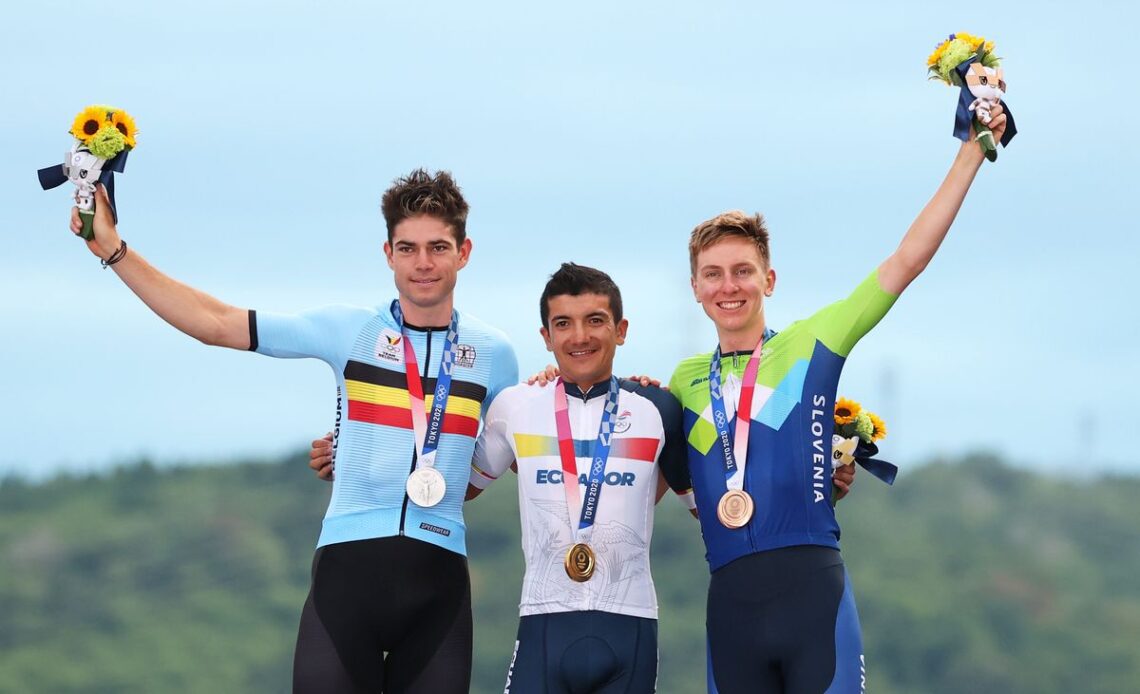 The final podium at the 2020 Tokyo Olympics: Richard Carapaz, Wout van Aert and Tadej Pogačar