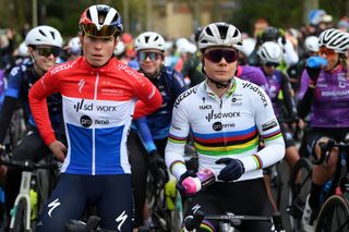 GHENT BELGIUM FEBRUARY 24 LR Demi Vollering of The Netherlands and Lotte Kopecky of Belgium and Team SD WorxProtime prior to the 16th Omloop Het Nieuwsblad 2024 Womens Elite a 1271km one day race from Ghent to Ninove UCIWWT on February 24 2024 in Ghent Belgium Photo by Alex BroadwayGetty Images