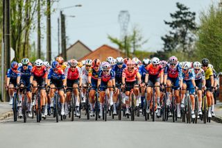 The peloton at Paris-Roubaix Femmes 2024