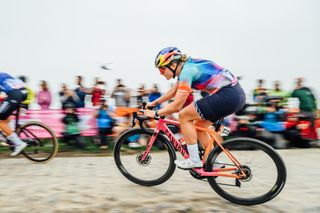 The peloton at Paris-Roubaix Femmes 2024