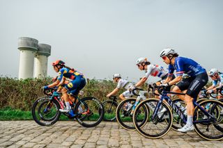 The peloton at Paris-Roubaix Femmes 2024