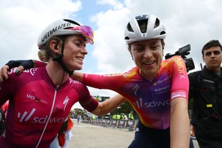 LAGUNAS DE NEILA SPAIN MAY 21 Stage winner Demi Vollering of The Netherlands and Marlen Reusser of Switzerland and Team SD Worx react after the 8th Vuelta a Burgos Feminas 2023 Stage 4 a 1215km stage from Tordmar to Lagunas de Neila 1867m UCIWWT on May 21 2023 in Lagunas de Neila Spain Photo by Dario BelingheriGetty Images