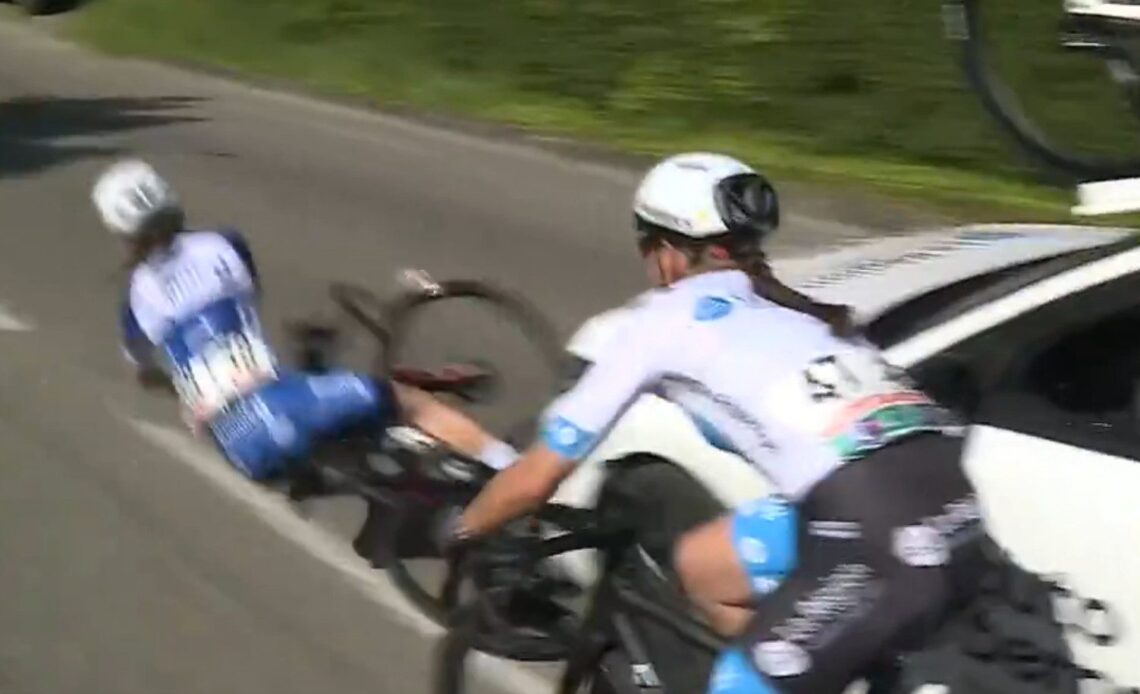 Team car crashes breakaway at French champs