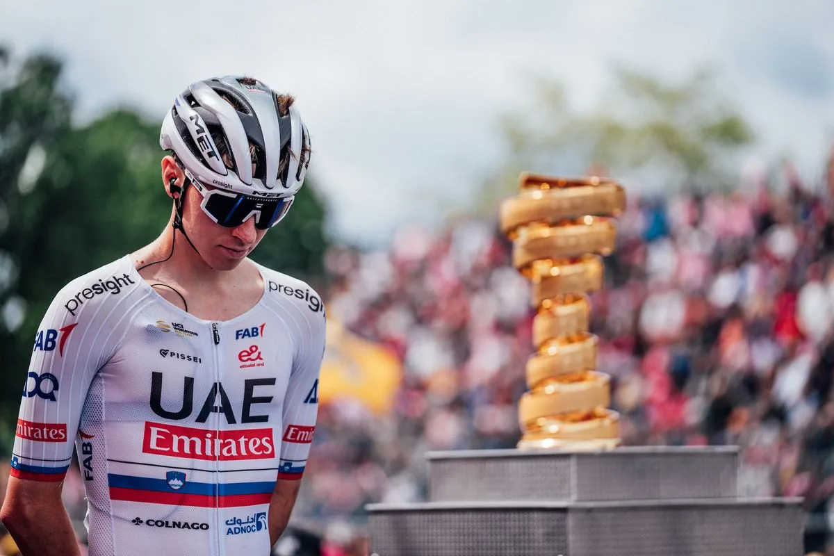 Picture by Zac Williams/SWpix.com - 05/05/2024 - Cycling - 107th Giro dâ€™Italia 2024 - Stage 2 - San Francesco al Campo - Santuario di Oropa ( Biella ) - Tadej Pogacar, UAE Team Emirates and the Trofeo Senza Fine.