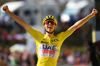 PLATEAU DE BEILLE FRANCE JULY 14 Tadej Pogacar of Slovenia and UAE Team Emirates Yellow Leader Jersey celebrates at finish line as stage winner during the 111th Tour de France 2024 Stage 15 a 1977km stage from Loudenvielle to Plateau de Beille 1782m UCIWT on July 14 2024 in Plateau de Beille France Photo by Dario BelingheriGetty Images