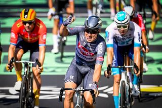 Belgian Jasper Philipsen of Alpecin-Deceuninck celebrates as he crosses the finishline to win stage 16 of the 2024 Tour de France cycling race, from Gruissan to Nimes, France (188,6 km), on Tuesday 16 July 2024. The 111th edition of the Tour de France starts on Saturday 29 June and will finish in Nice, France on 21 July. BELGA PHOTO TOM GOYVAERTS (Photo by Tom Goyvaerts / BELGA MAG / Belga via AFP)